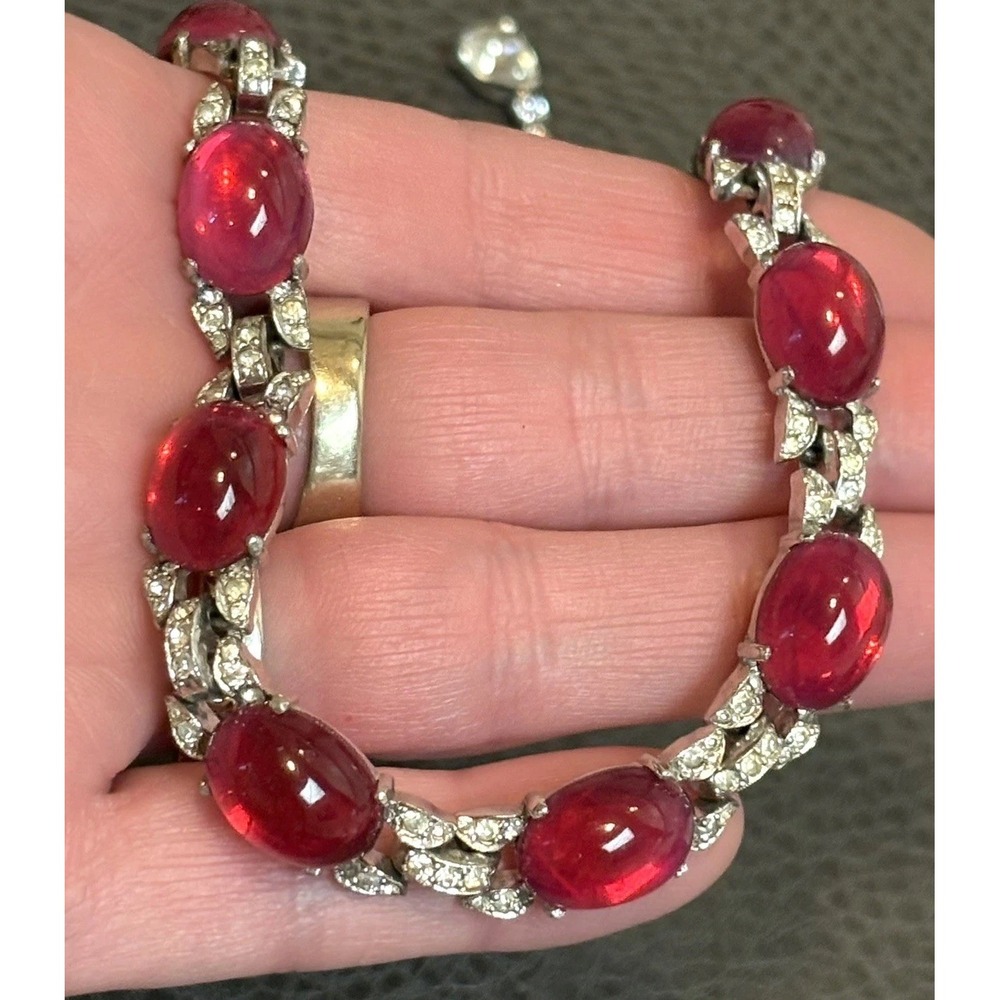 Gorgeous ART DECO JOMAZ Faux Ruby Cabochon Rhinestone SILVER TONE Necklace Rare